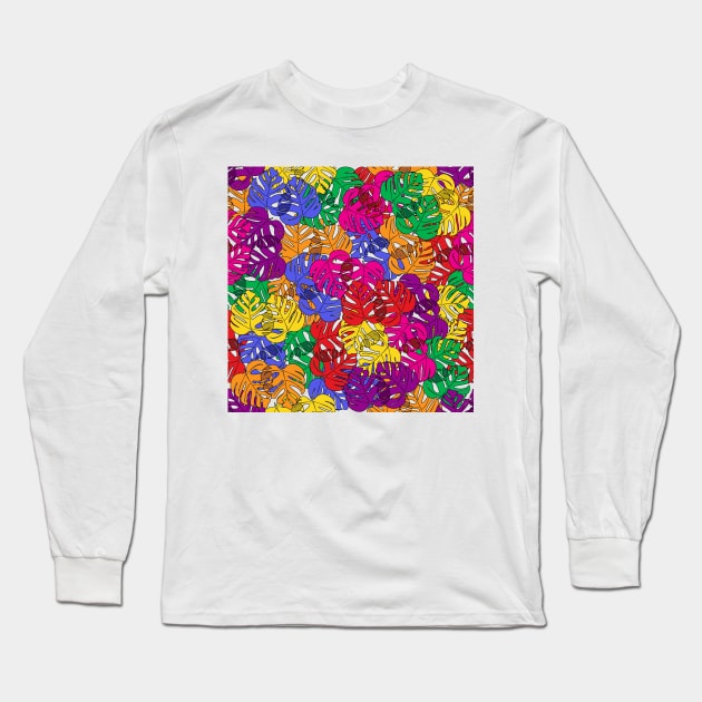 Colorful Tropical Monstera Deliciosa Plant Line Art Pattern Long Sleeve T-Shirt by 4U2NV-LDN